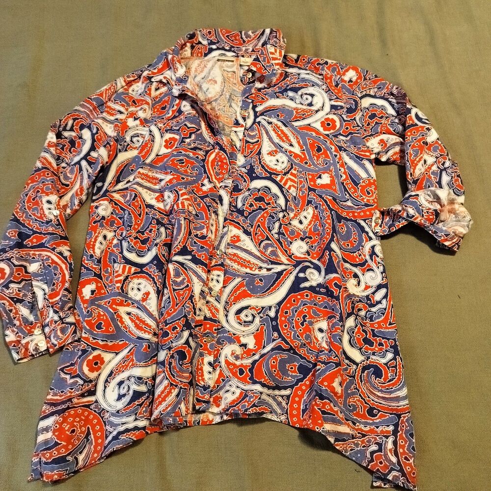 Westbound Colorful Linen Blend Tunic Button Shirt L Resort Beachy Roll Tab